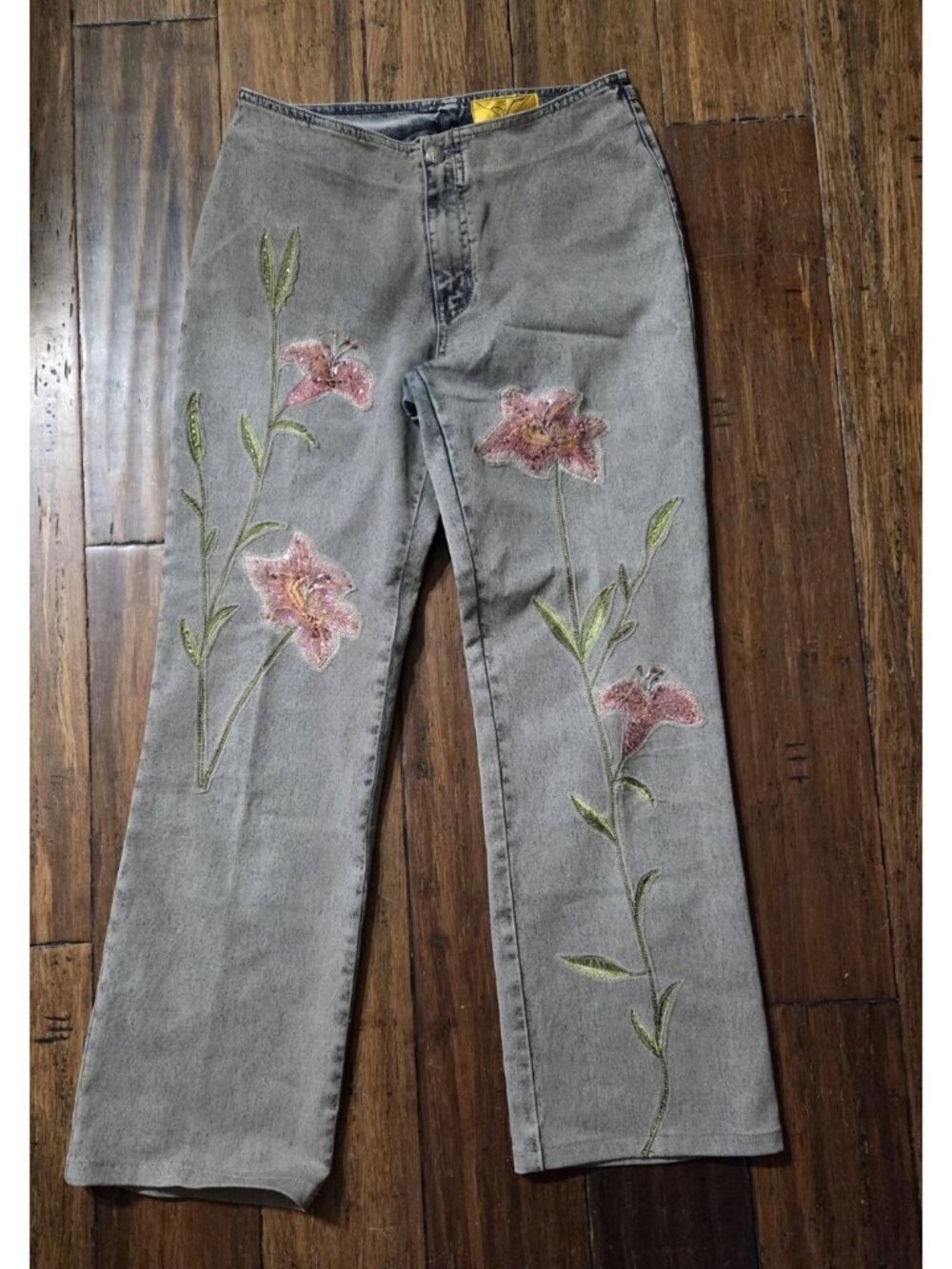 Anev Vintage Black Denim Jeans Floral Embelished Size M 6 Y2K Acid washed
